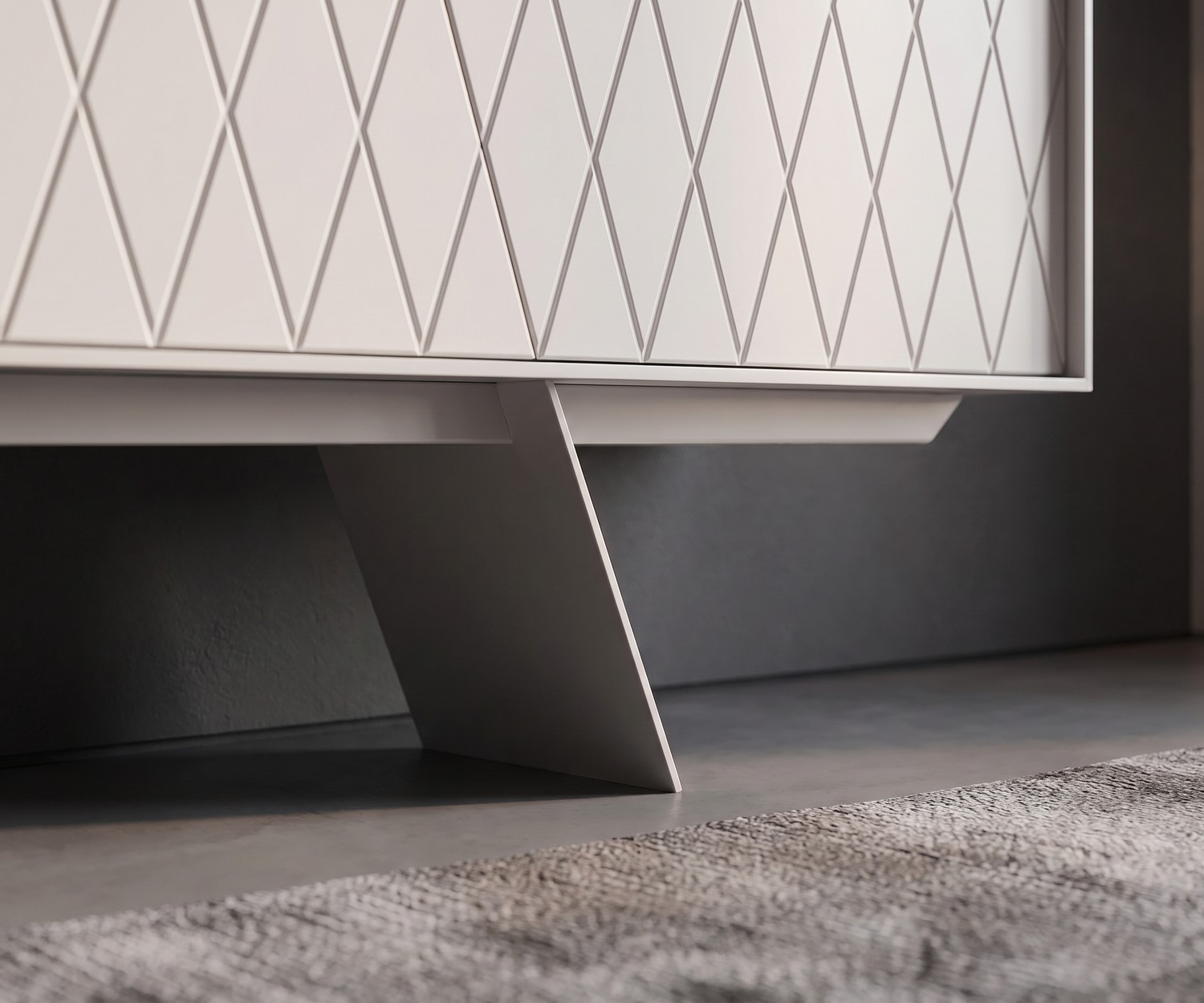 Madia design al2 e-klipse 003 con motivo a rombi Madia di design al2 e-klipse 003 per soggiorno bianca con motivo a rombi e piedini inclinati in stile moderno.