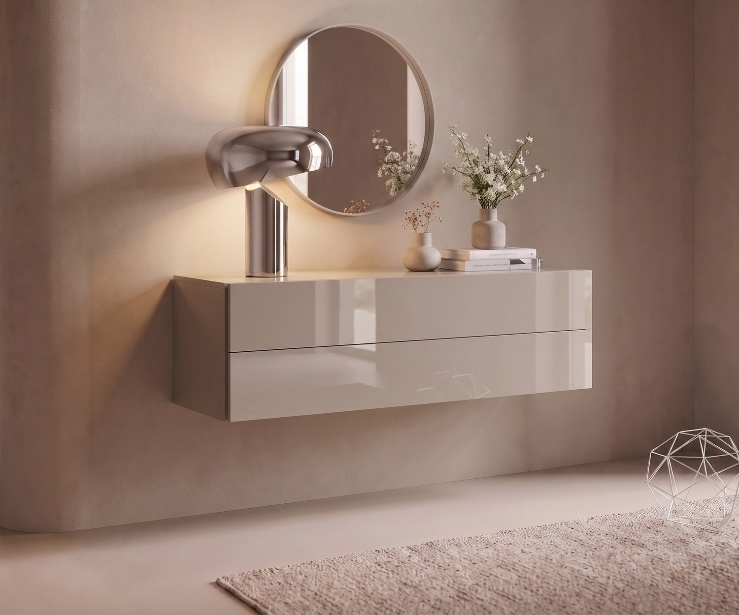 Cassettiera sospesa Novamobili Easy beige Cassettiera sospesa Novamobili Easy. Settimanale a parete beige sabbia lucido per un ingresso dal design minimalista.