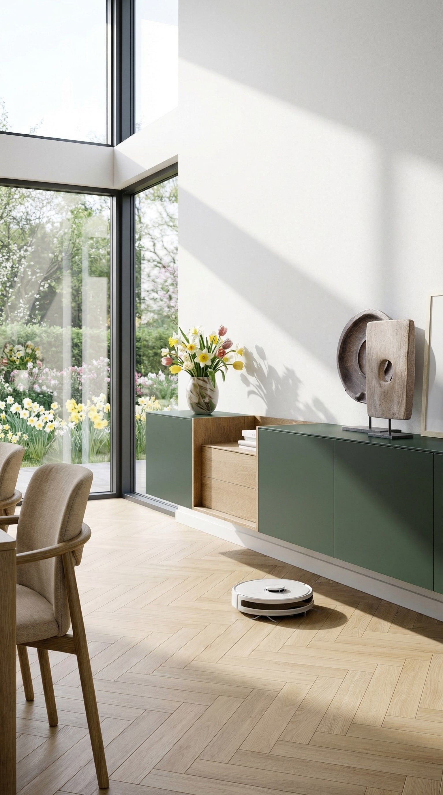 Credenza minimalista a parete in un soggiorno luminoso e arioso.