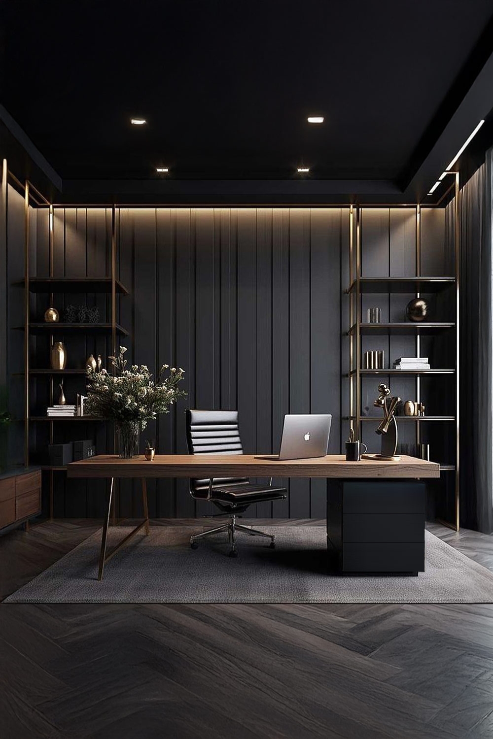 ufficio-con-scrivania-minimalista-comodino-e-sedia-da-ufficio-elegante-davanti-a-alte-scaffalature-aperte
