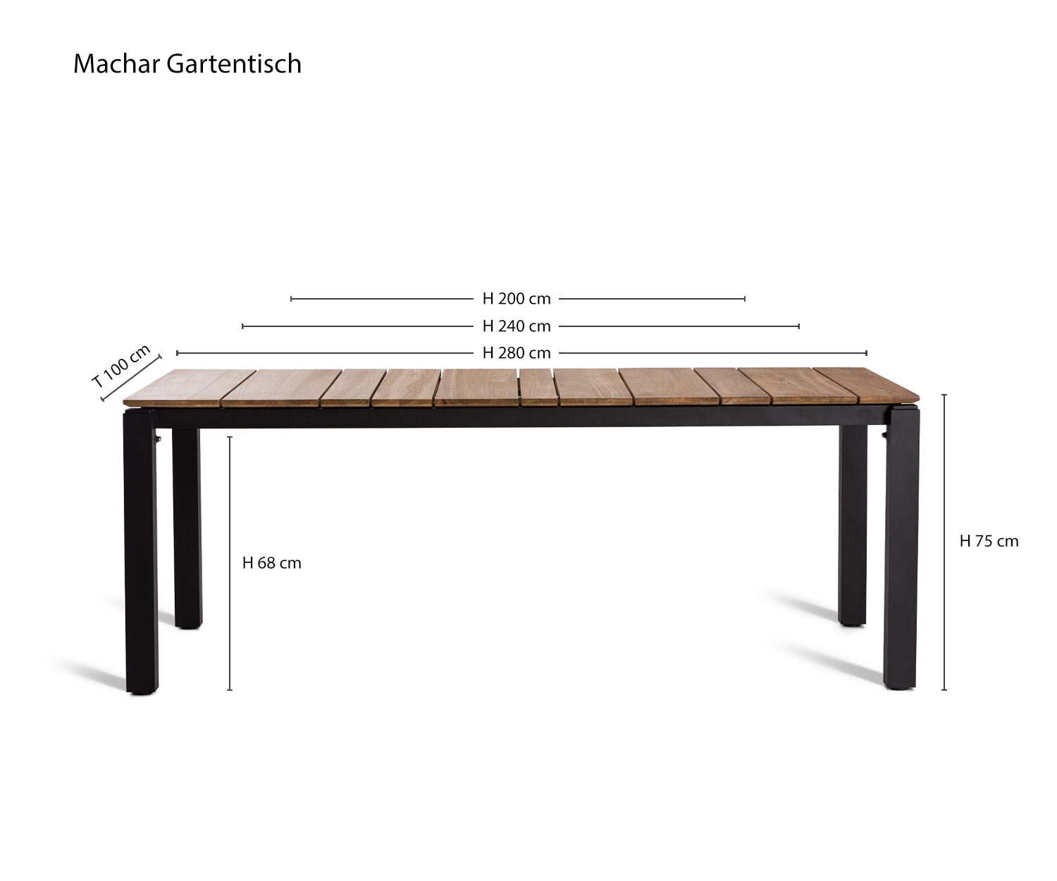 Robusto tavolo da giardino di design Machar di Oasiq Dimensioni Schizzo Dimensioni Dimensioni