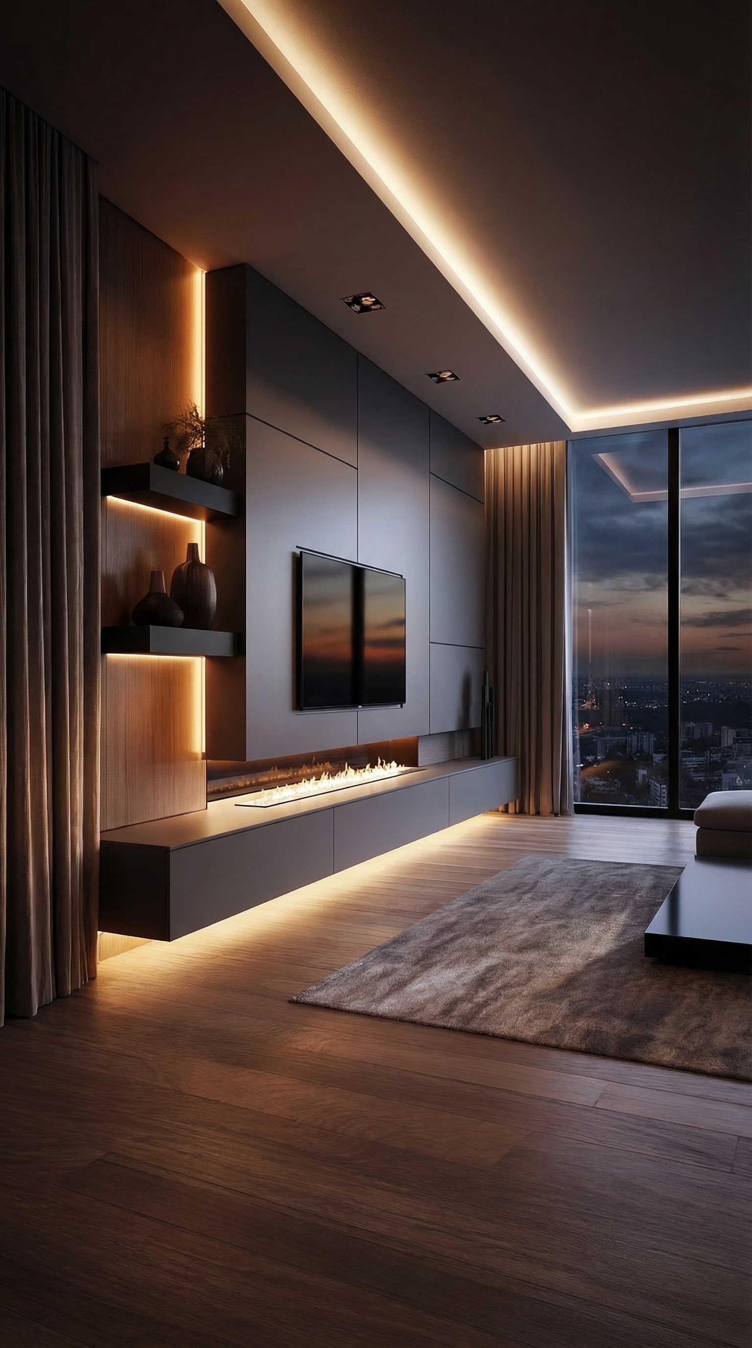 Lussuosa Livitalia Parete Attrezzata C102 con illuminazione LED integrata e indiretta in un soggiorno moderno