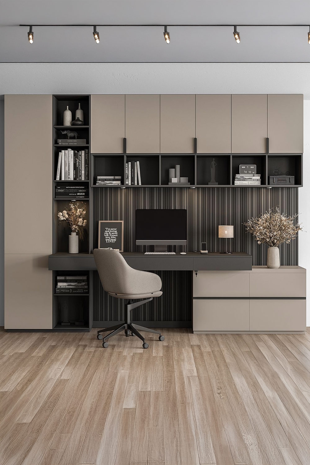 postazione-di-lavoro-moderna-con-scaffali-aperti-e-frontali-senza-maniglie-intorno-al-piano-del-tavolo