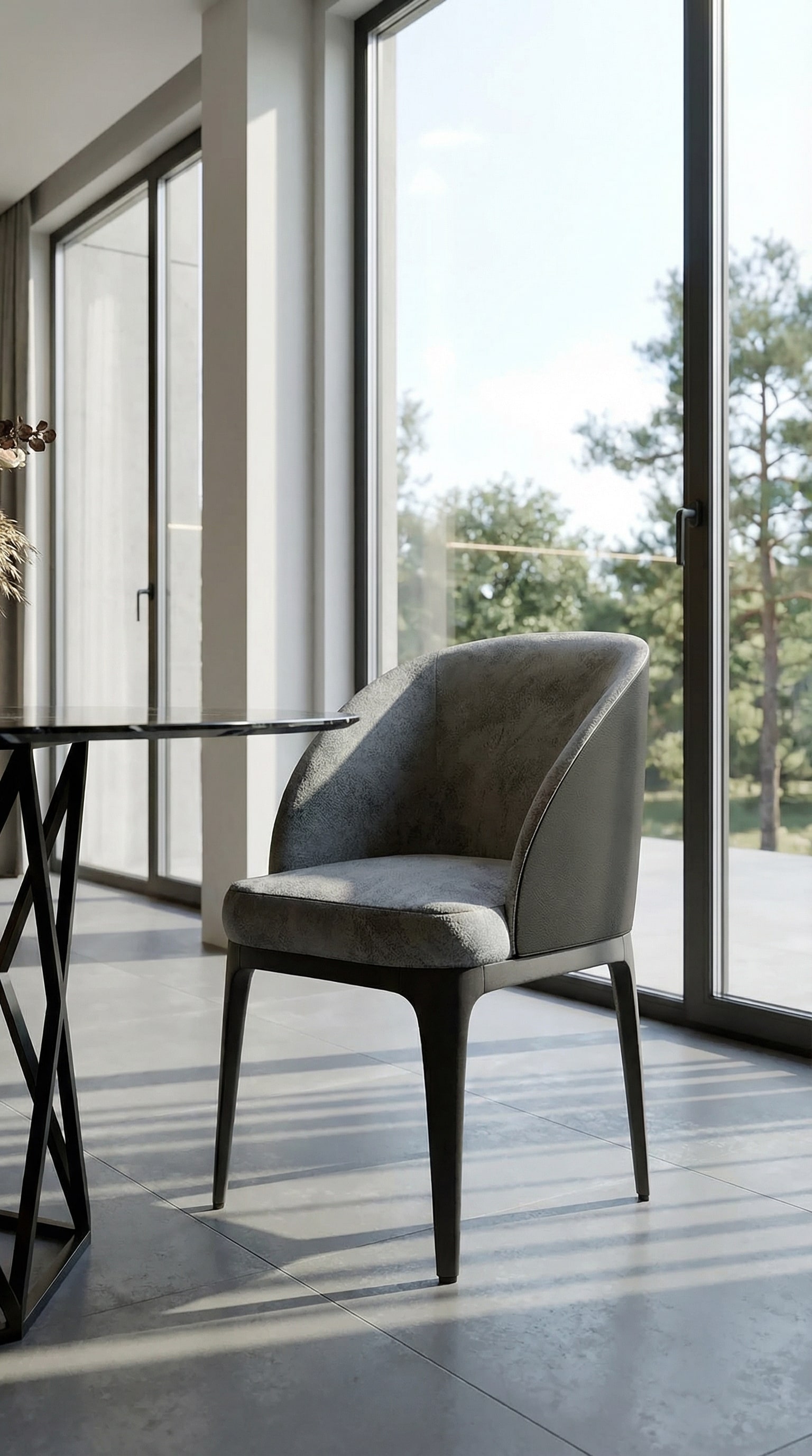 Sedia a braccioli grigia minimalista accanto a un elegante tavolo in marmo nero in una moderna sala da pranzo