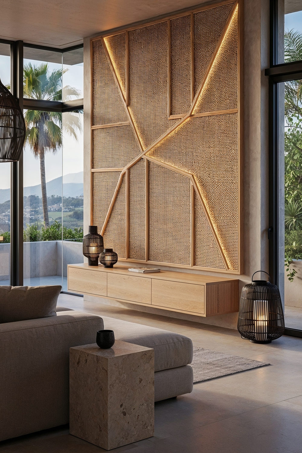 pannello a parete illuminato in rattan sopra un lowboard in legno