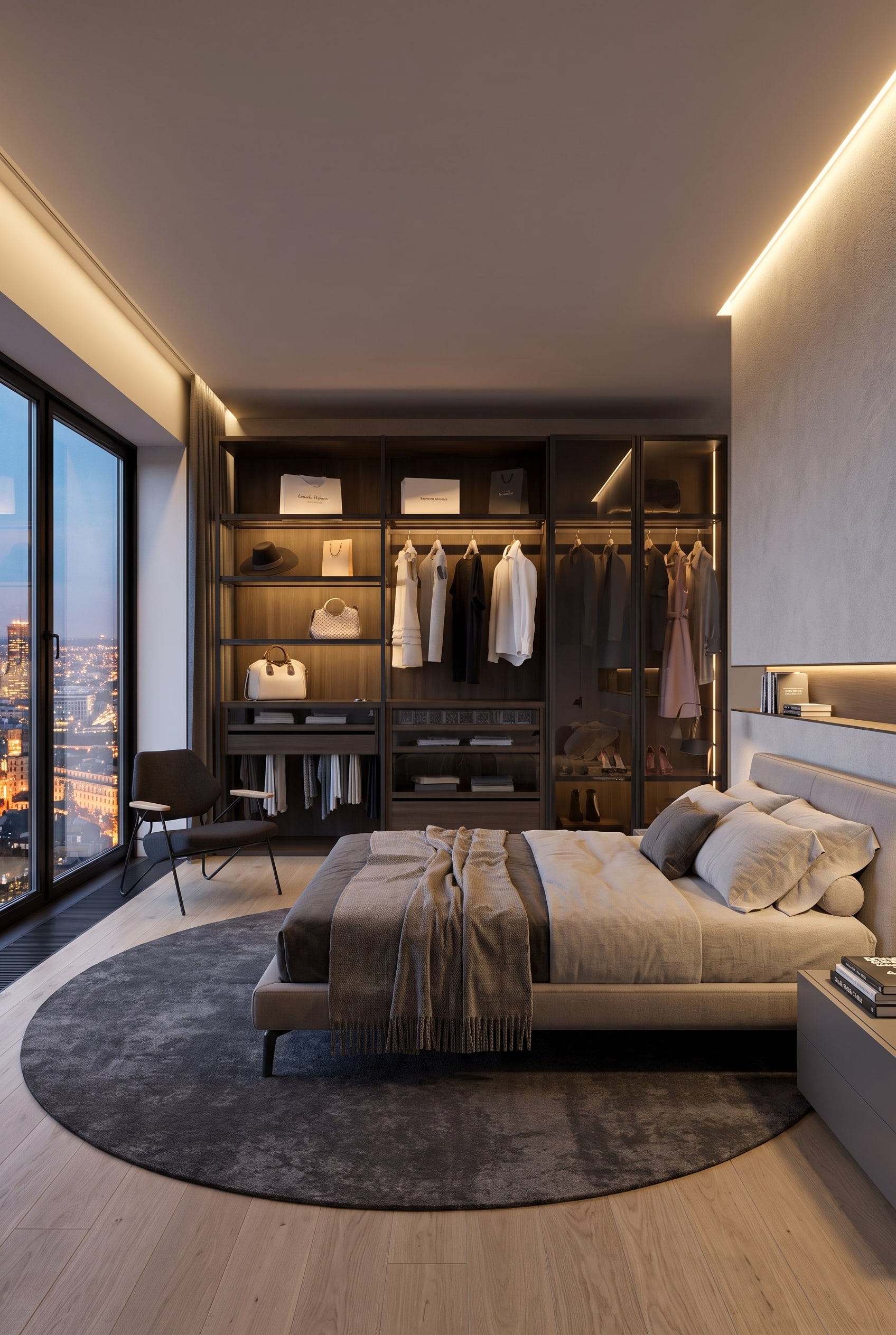 Schlafzimmer mit offenem Ankleidesystem in Dunkelbraun