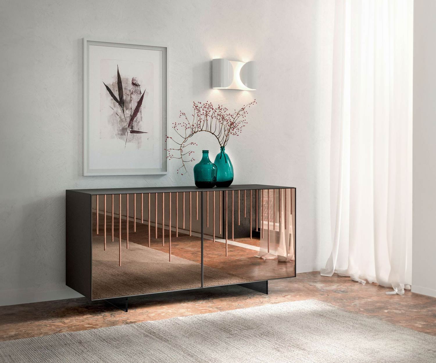 Credenza di design con frontale in vetro a specchio fumo Credenza di design con frontale in vetro a specchio fumo