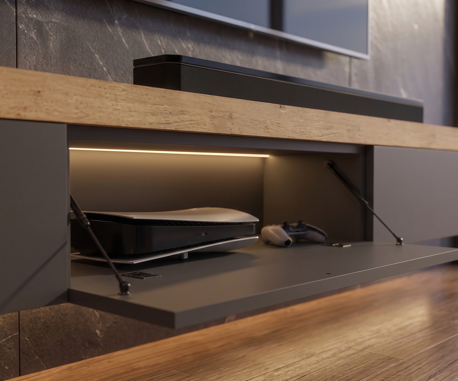 Mobile porta TV per soggiorno grigio con un piano in legno spesso e scomparto illuminato di Livitalia.