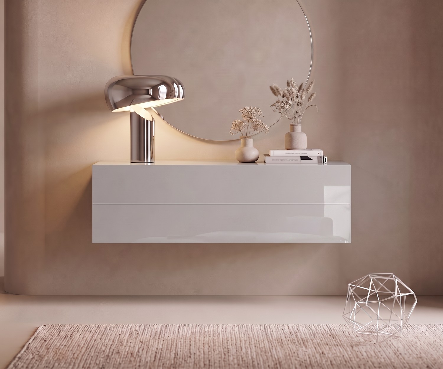 Cassettiera sospesa Easy di Novamobili grigio chiaro Cassettiera sospesa Easy di Novamobili per l'ingresso, comò sospeso grigio chiaro in uno stile moderno e minimalista