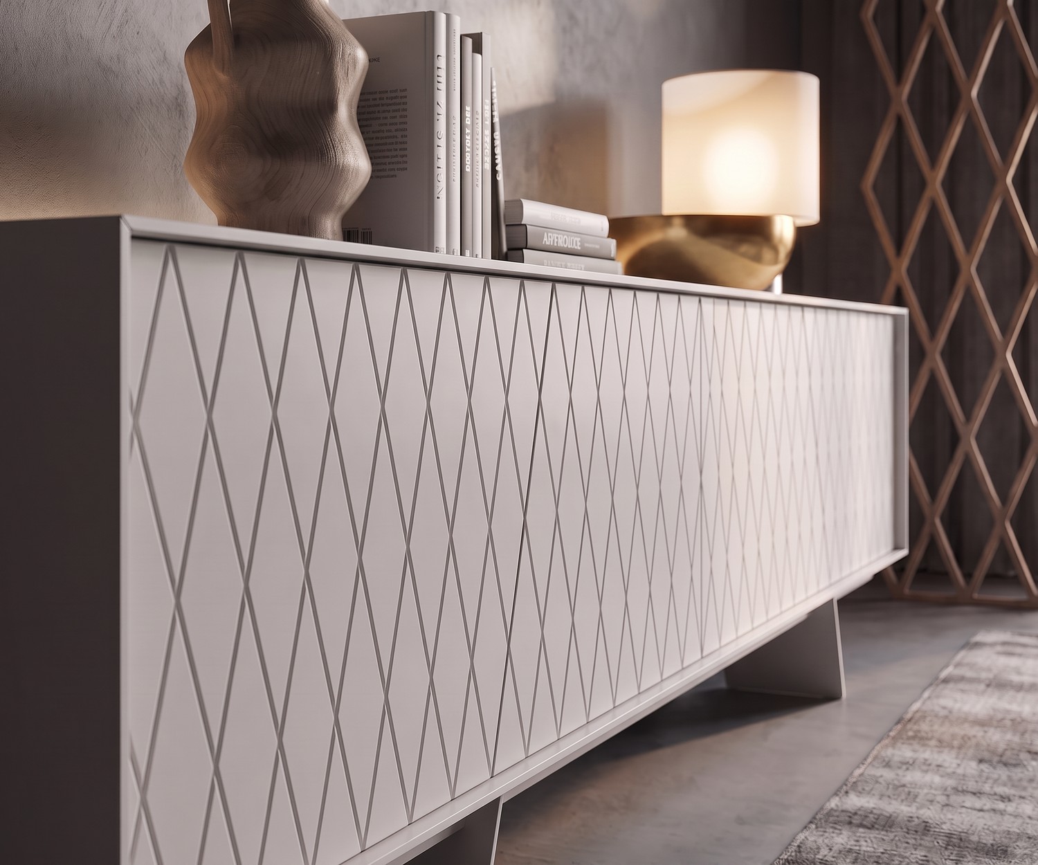 Credenza al2 e-klipse 003 per soggiorno. Madia design bianca con motivo a rombi, decorazioni in legno e lampada moderna.