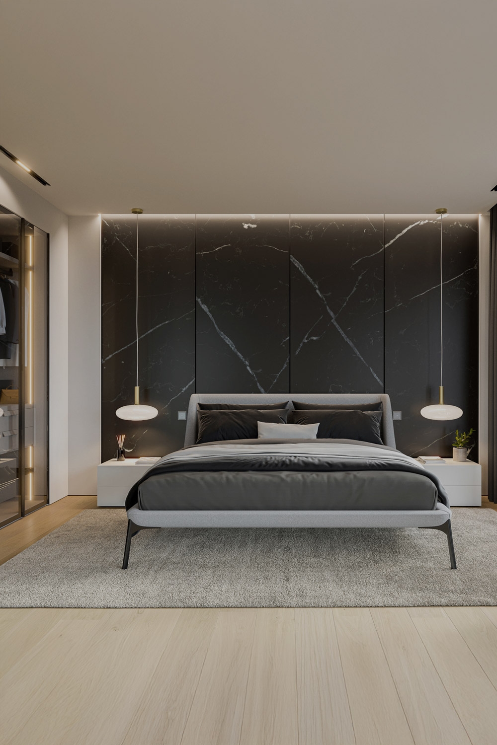 camera da letto moderna con letto dal design raffinato, comodino senza maniglie e armadio trasparente