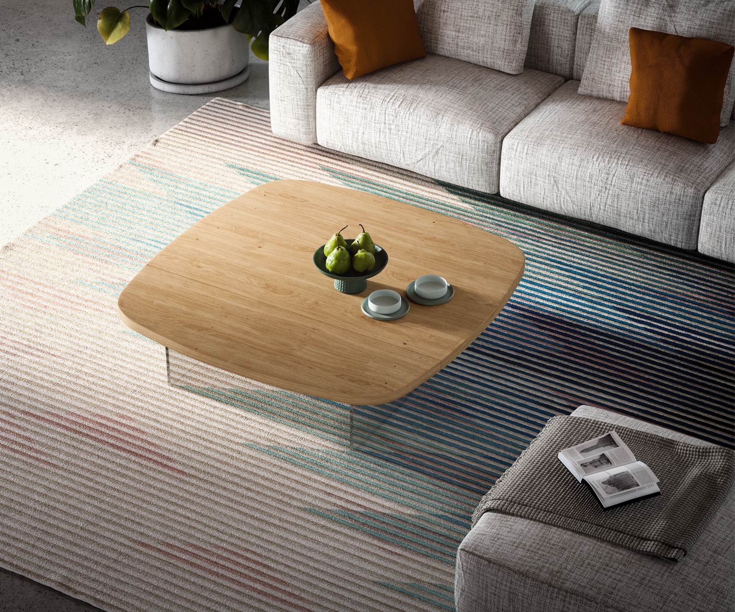 Tavolino di design gambe in vetro piano in legno Tavolino di design gambe in vetro piano in legno