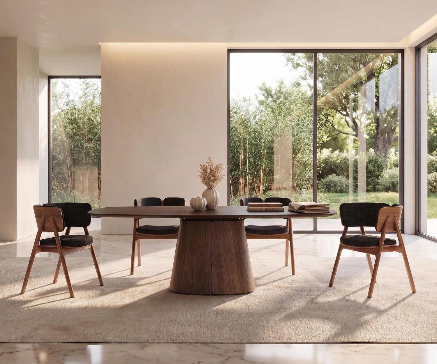 Tavolo da pranzo ovale in legno al2 tessera 001 Tavolo da pranzo ovale in legno al2 tessera 001 in una sala da pranzo moderna e luminosa con sedie di design.