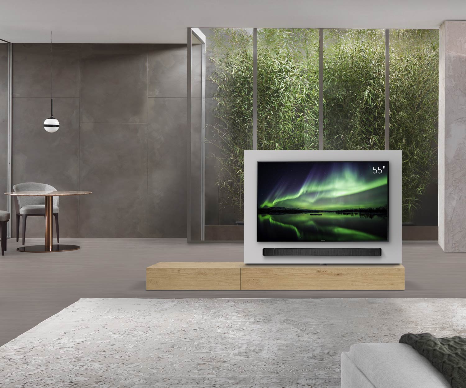 Livitalia Divisorio basso Roto design con pannello TV orientabile L150 65 H25 P56 EiHe B90li oBox