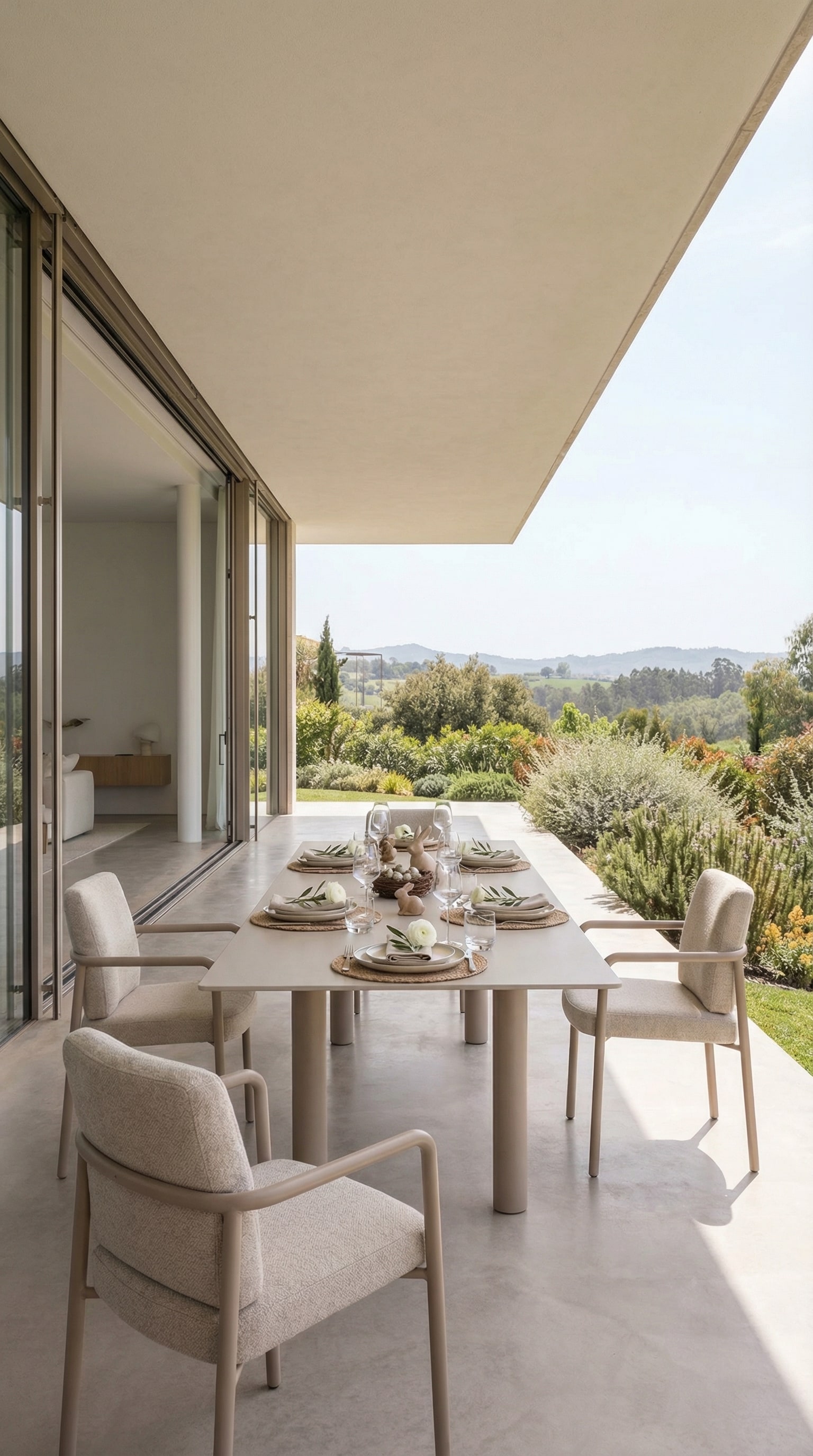 Tavolo da pranzo esterno moderno ed estensibile su un'ampia terrazza