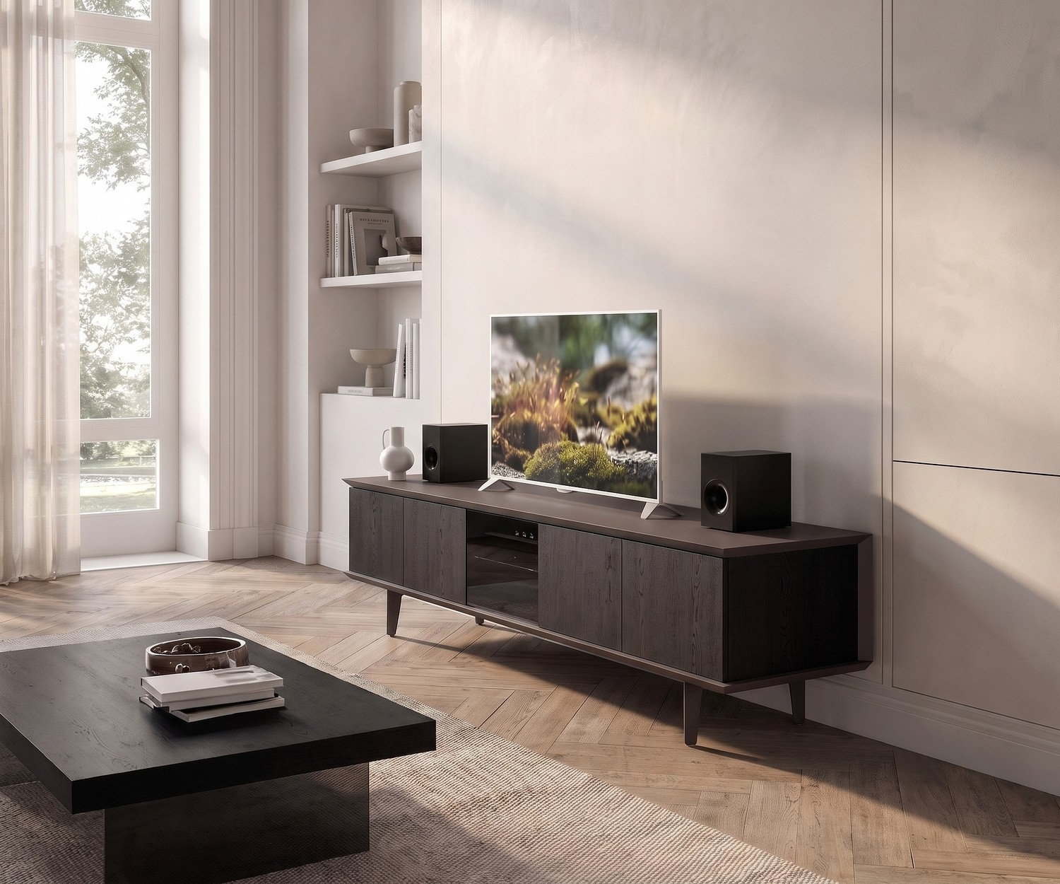 Mobile TV Lowboard Ozzio Brera in Noce Mobile TV lowboard Ozzio Brera per il soggiorno. Elegante mobile porta TV in noce con anta in vetro fumè dal design moderno.