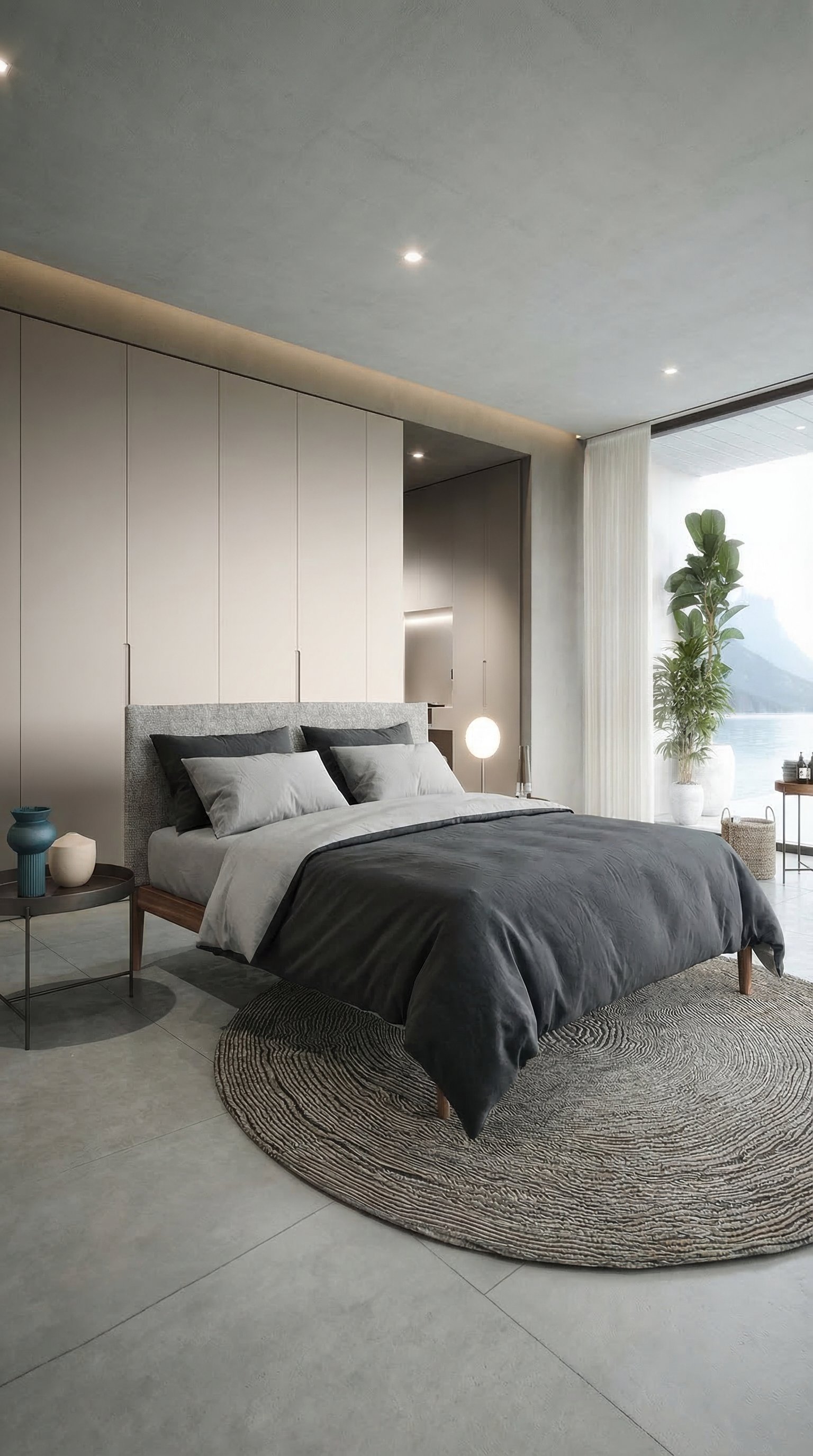 Modernes Schlafzimmer mit zweifarbiger Wendebettwäsche in Grau Camera da letto moderna con biancheria da letto reversibile bicolore in grigio