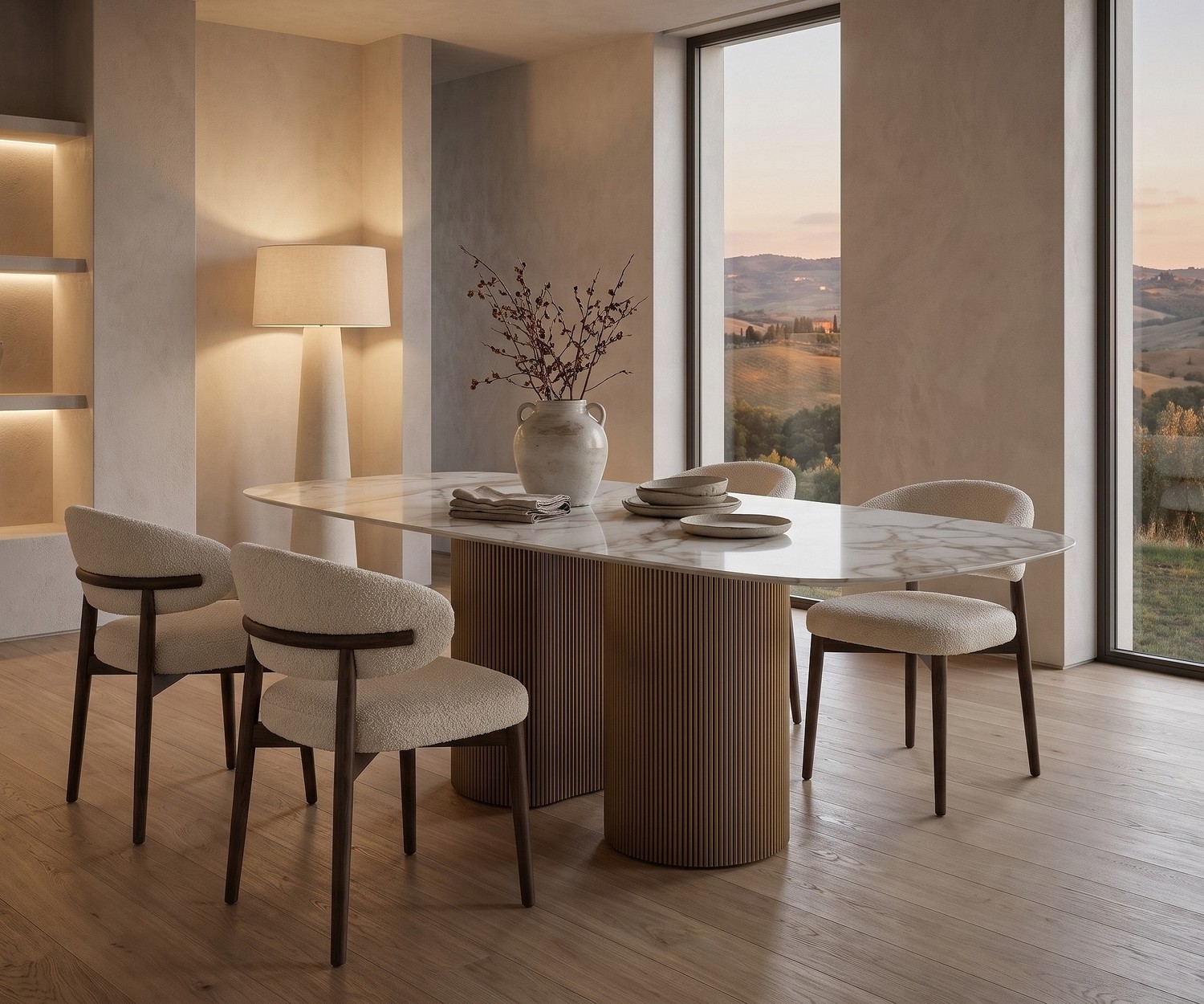 Tavolo da pranzo ovale di design al2 dakry b 001 in una sala da pranzo minimalista con sedie in boucl9.