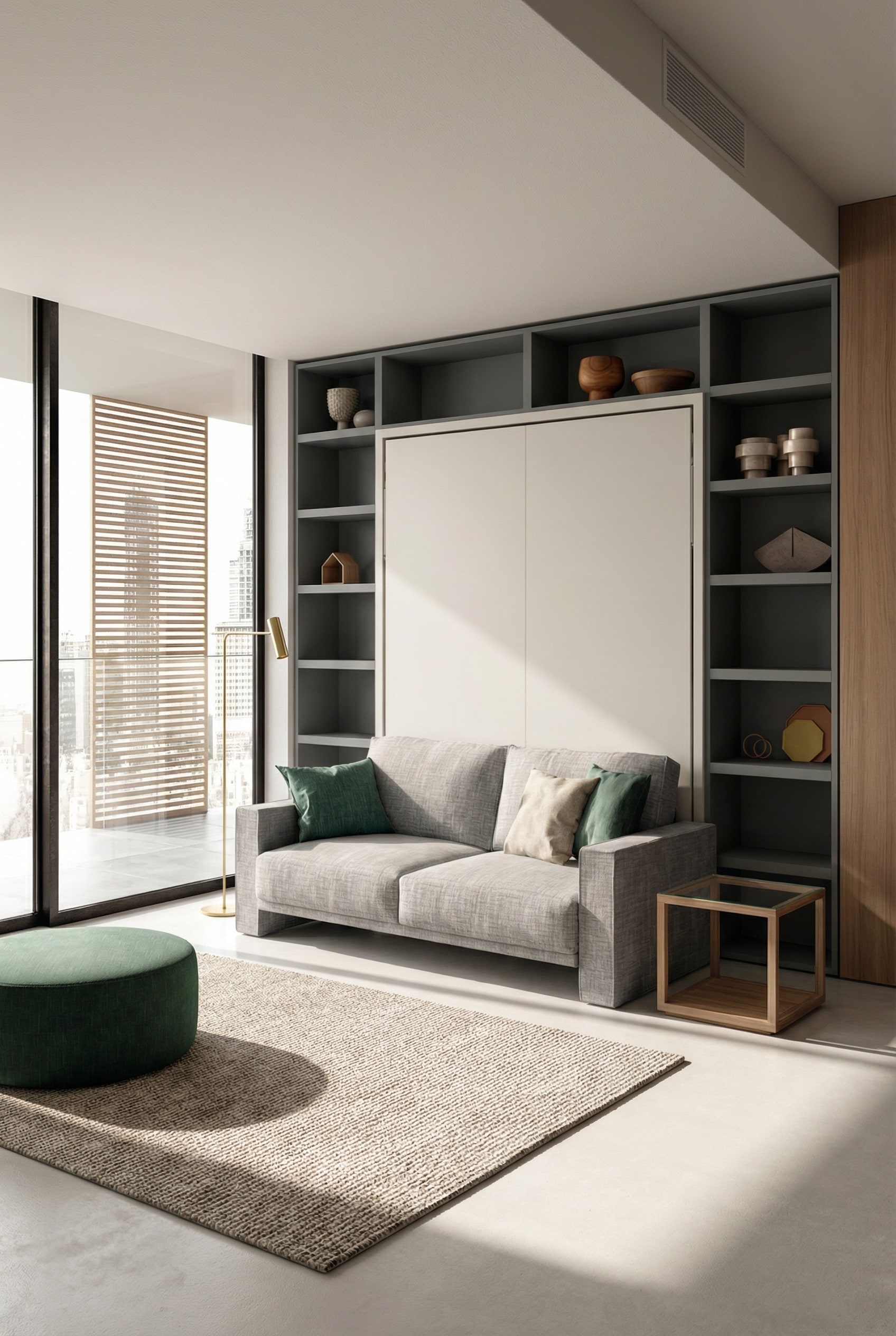 Elegante letto a scomparsa con divano integrato in un monolocale arredato in stile moderno