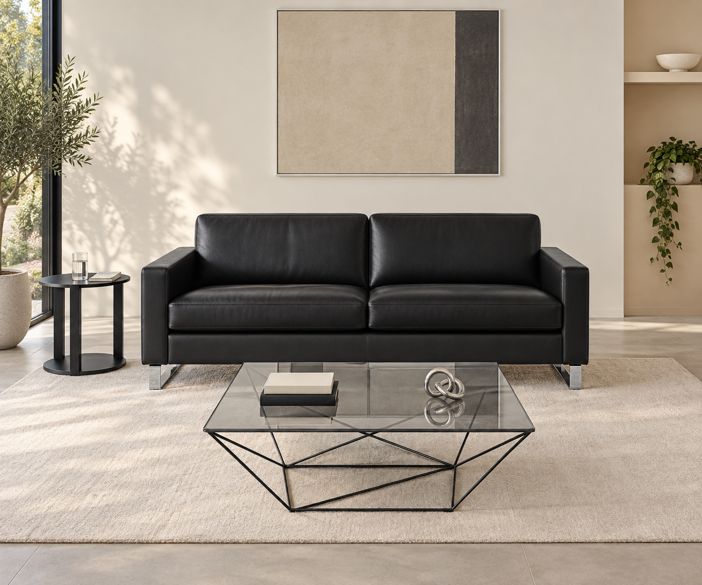 Livitalia Divano Vinaro, 206 × 91 cm, Seminole 04 Nero, vera pelle, pattini cromati – Vista frontale con tavolino Livitalia Divano Vinaro, 206 × 91 cm, Seminole 04 Nero, vera pelle, pattini cromati – Vista frontale con tavolino