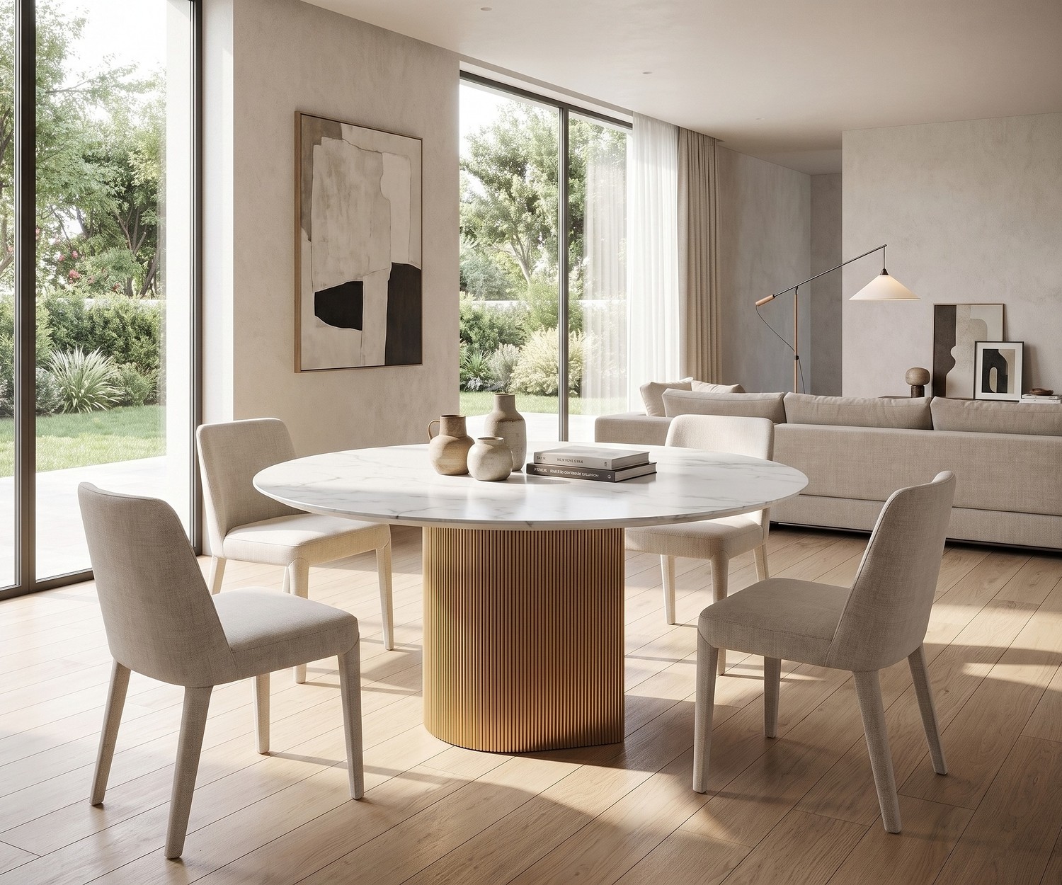 Tavolo da pranzo rotondo al2 dakry br 001 con base centrale scanalata Tavolo da pranzo rotondo al2 dakry br 001 per sala da pranzo, moderno tavolo con piano in marmo e base scanalata dorata.