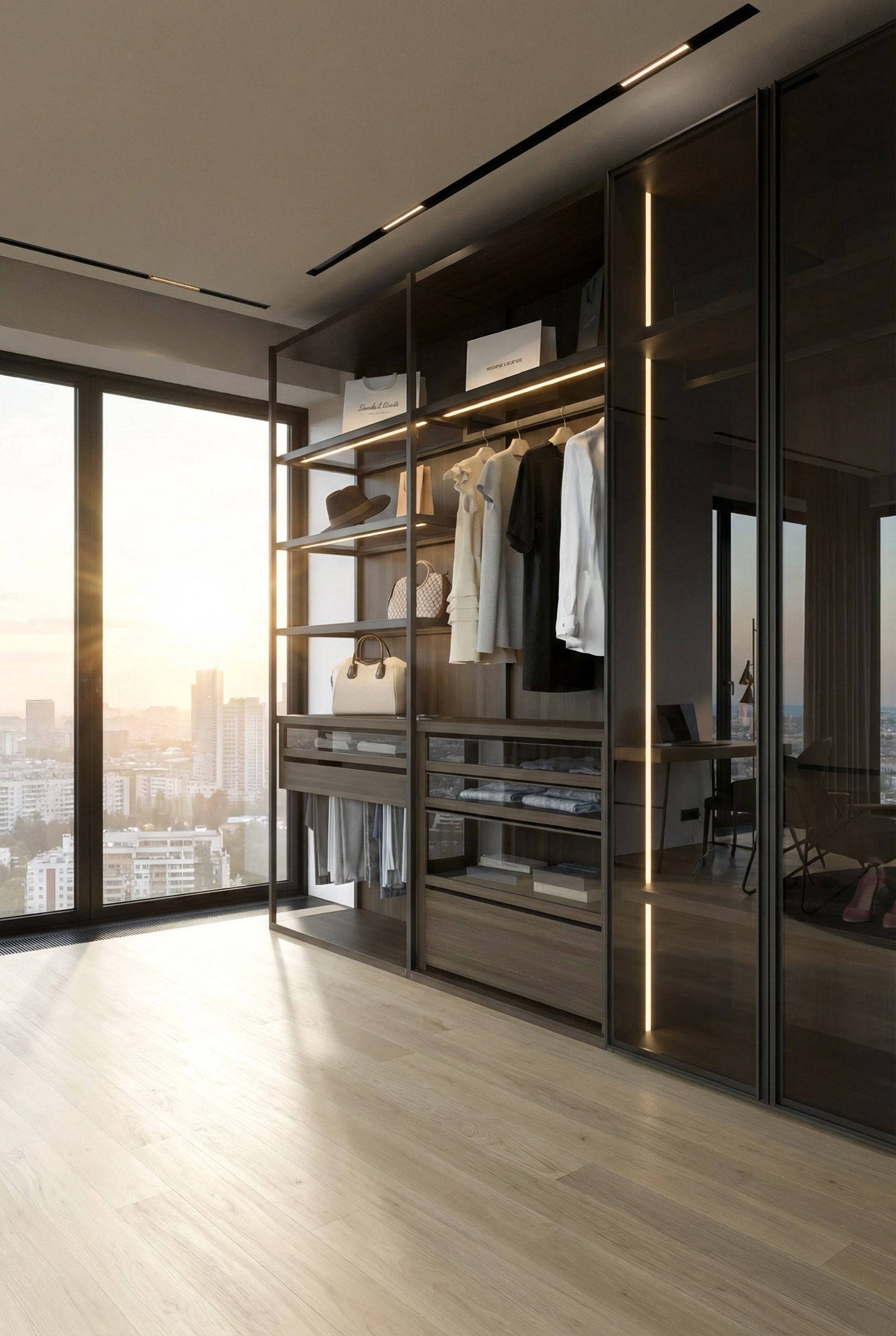 Elegante cabina armadio con ante in vetro grigio fumo in stile boutique