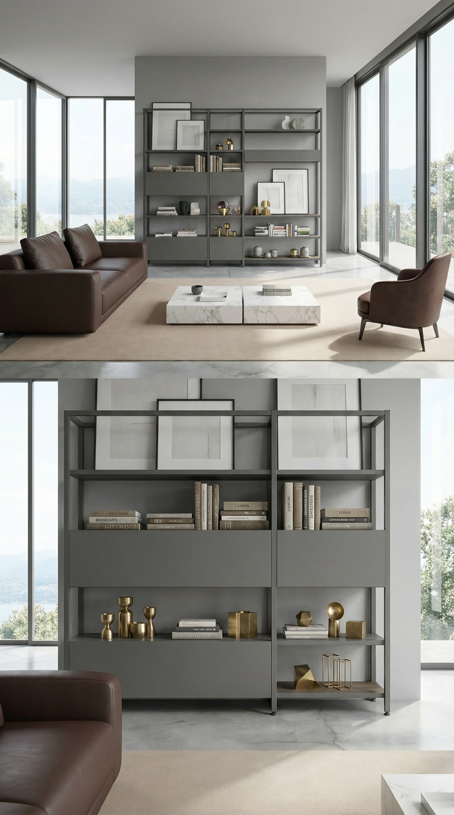 Elegante scaffale in metallo e legno con decorazione stratificata in profondit&agrave;