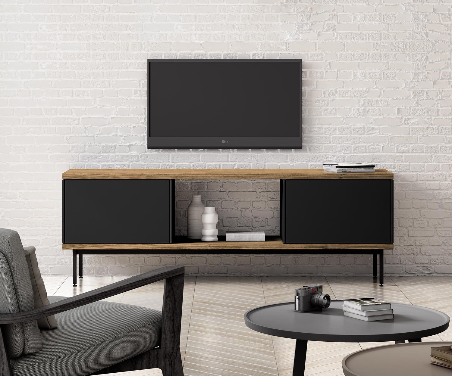 Credenza design per TV Punt Doghe in soggiorno con parete attrezzata per TV Credenza design per TV Punt Doghe in soggiorno con parete attrezzata per TV