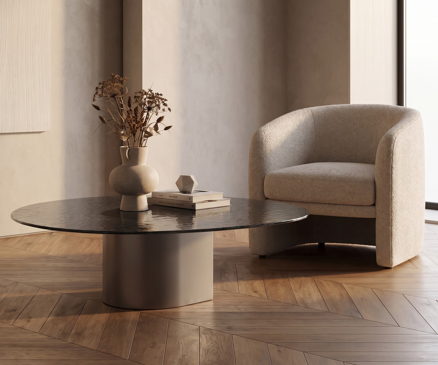 Tavolino al2 dakry 006 in ceramica e legno Tavolino da salotto al2 dakry 006 in un elegante set in ceramica e legno davanti a un divano grigio moderno.