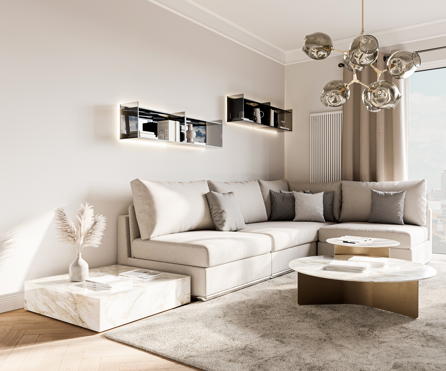 Mensola a muro in vetro di design di Livitalia nel soggiorno sopra il gruppo di divani