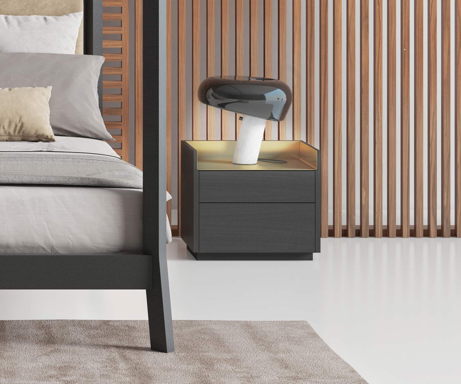 Comodino dal design esclusivo con lampada da comodino accanto al letto in camera da letto impiallacciato Comodino dal design esclusivo con lampada da comodino accanto al letto in camera da letto impiallacciato