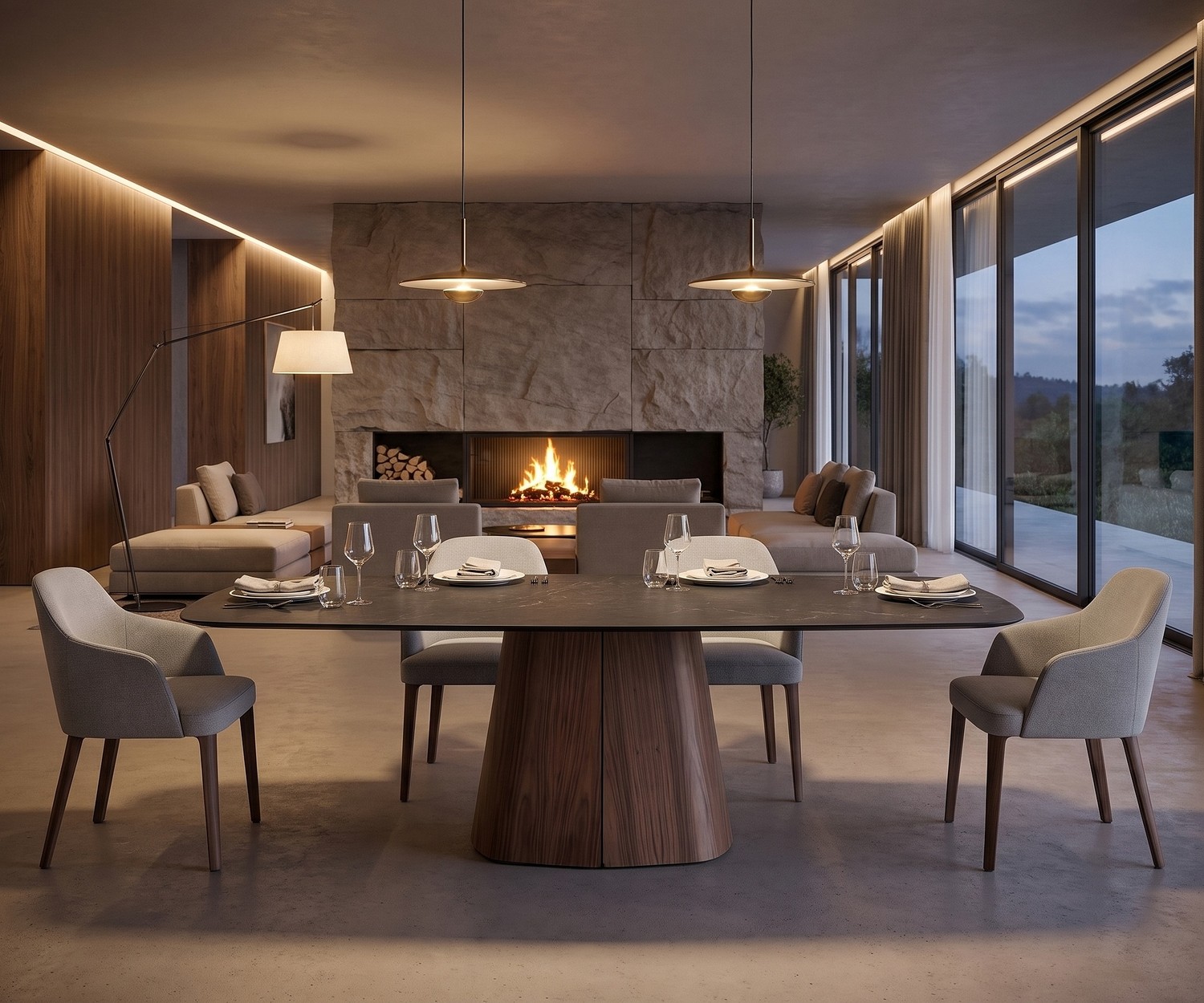 Tavolo da pranzo ovale al2 tessera 001 con piano in ceramica e base in legno in una sala da pranzo moderna con camino.
