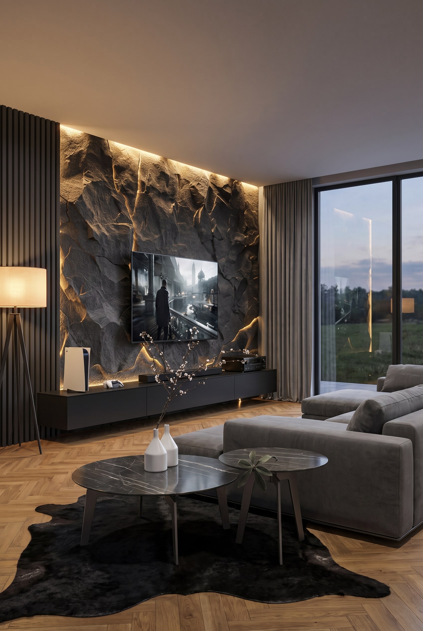 Ein elegant eingerichtetes Wohnzimmer mit dezenter, warmweißer indirekter Beleuchtung hinter dem Monitor und einem minimalistischen Beistelltisch neben dem Sofa.