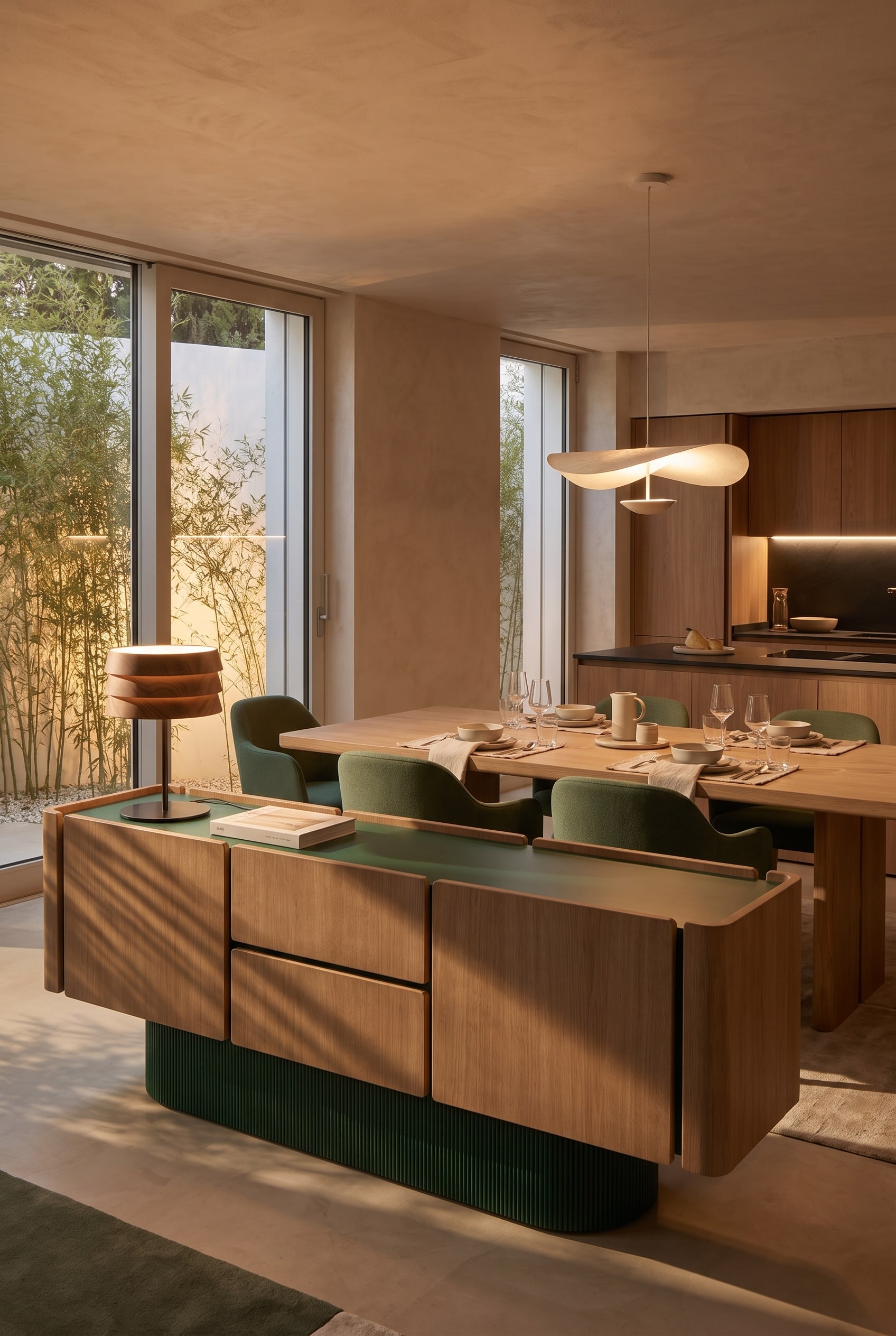 Modernes Sideboard mit glatten Eichenfronten und einer markant geriffelten, dunkelgrünen Basis vor einem Fenster