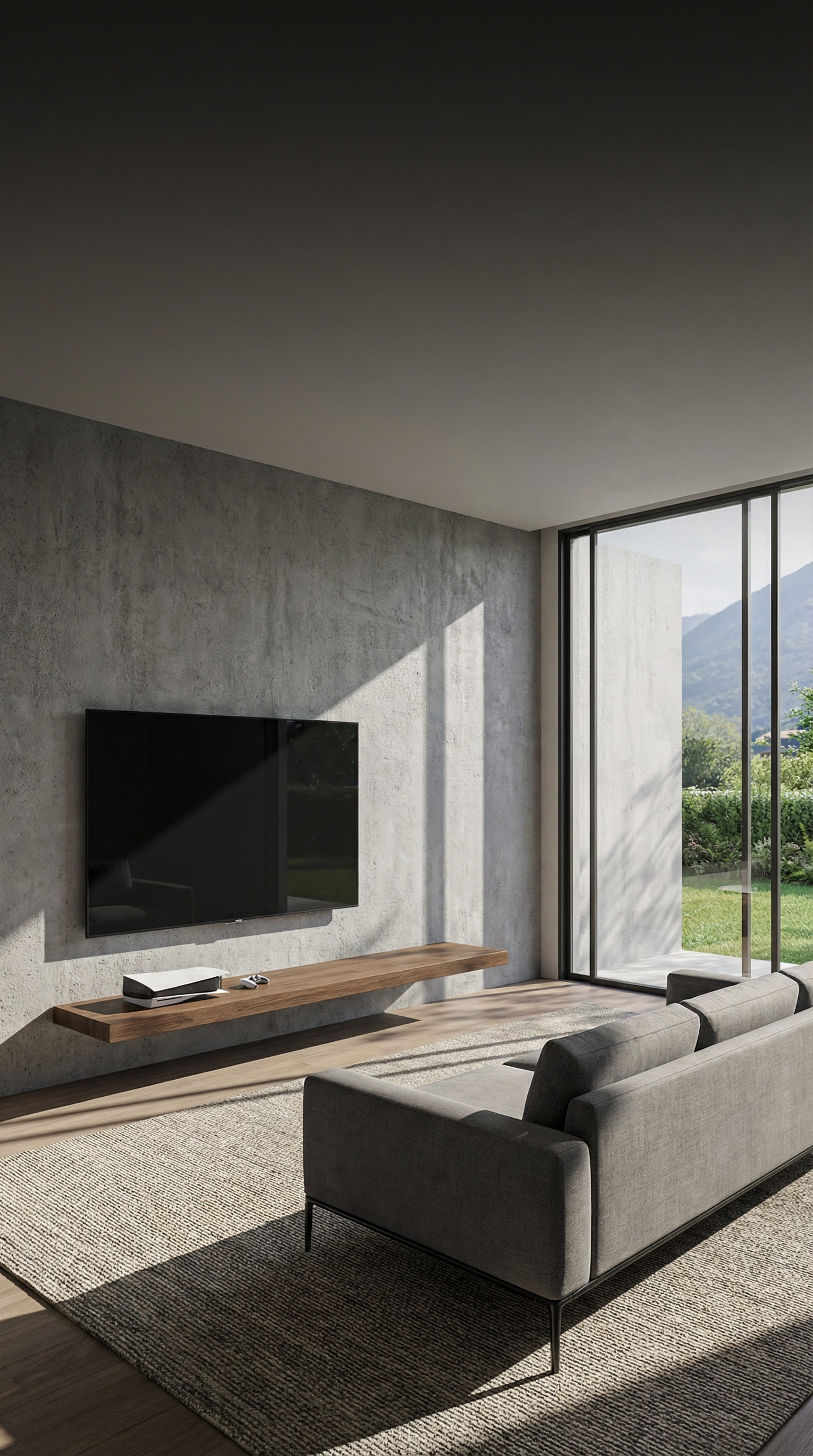 Mensola a parete minimalista in rovere scuro sospesa sotto la TV