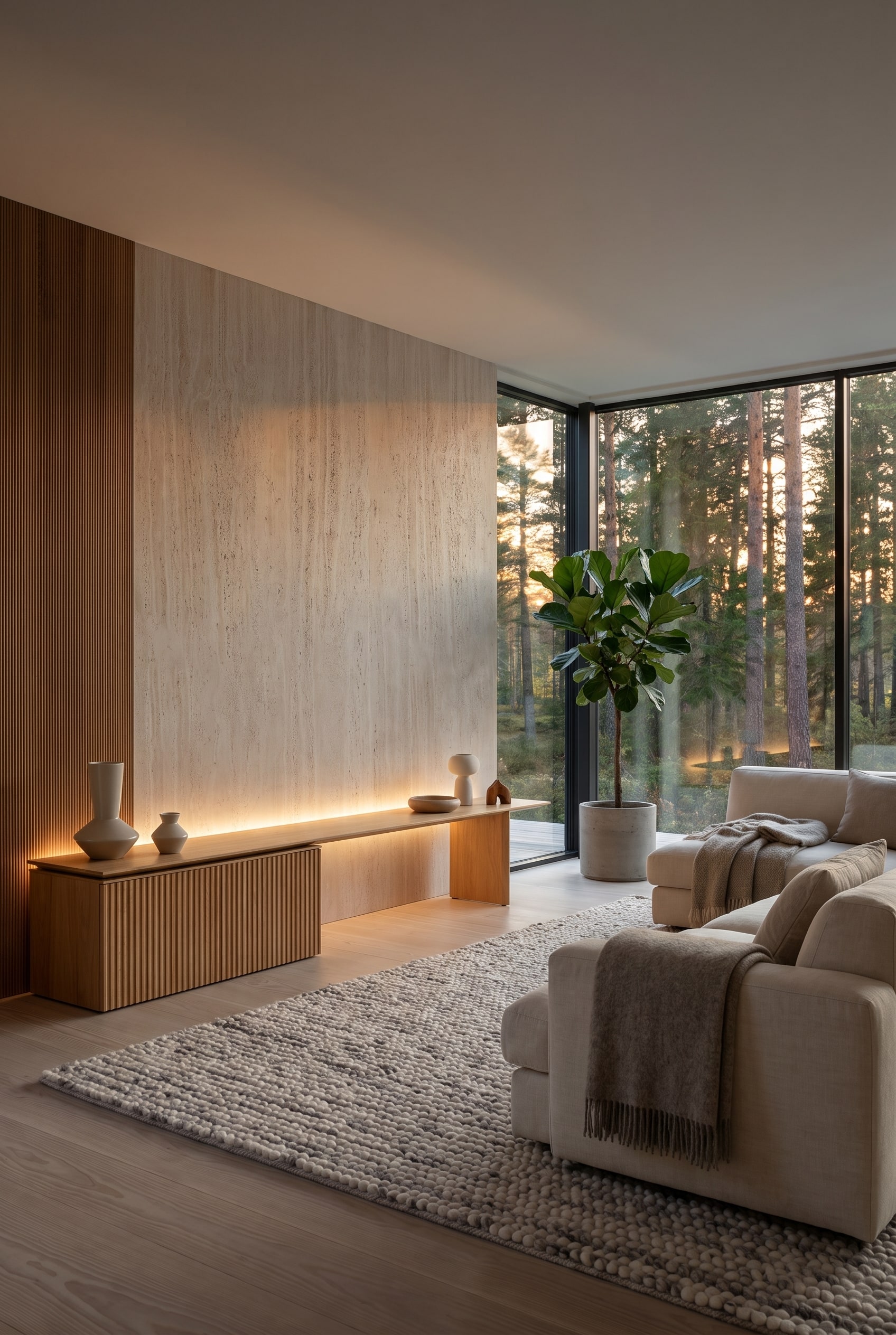 Minimalistisches Wohnzimmer mit hellem Holz-Sideboard