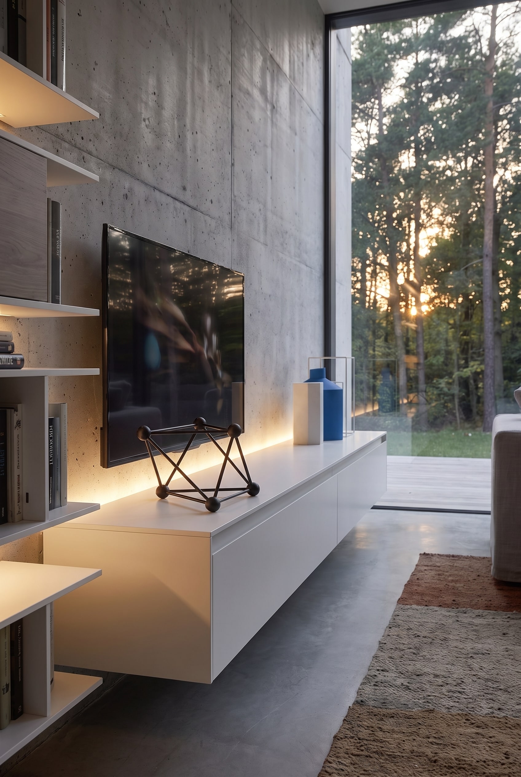 Seitliche Ansicht des wei&szlig;en Lowboards mit geometrischem Deko-Objekt und indirekter LED-Beleuchtung auf Sichtbeton.