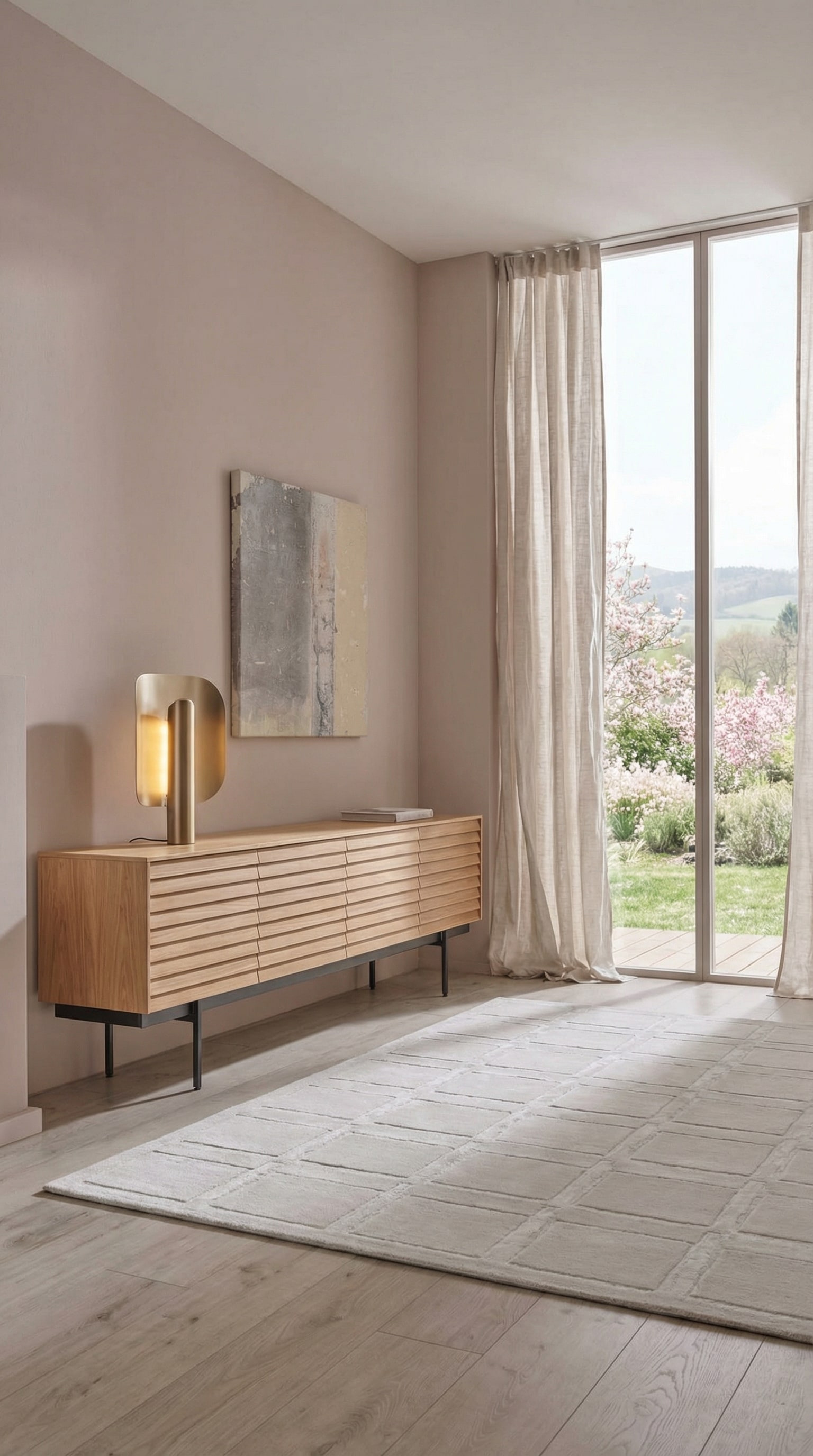 Madia chiara in legno con frontali a lamelle davanti a una parete color cipria