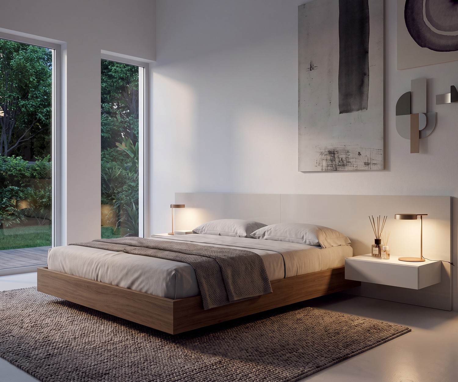 Comodino sospeso Novamobili Easy con 1 cassetto, montato sulla testiera in una camera da letto moderna in bianco.