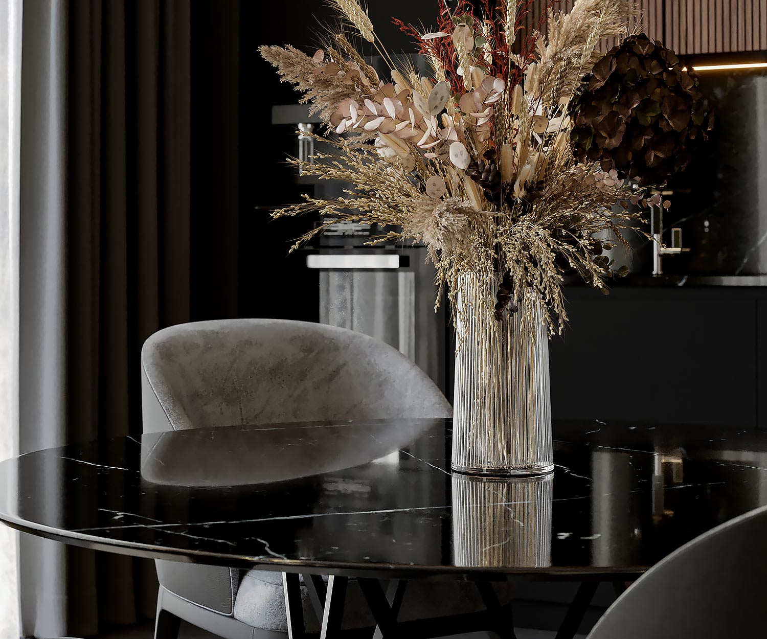 Tavolo da pranzo rotondo in marmo nero con sedia in velluto