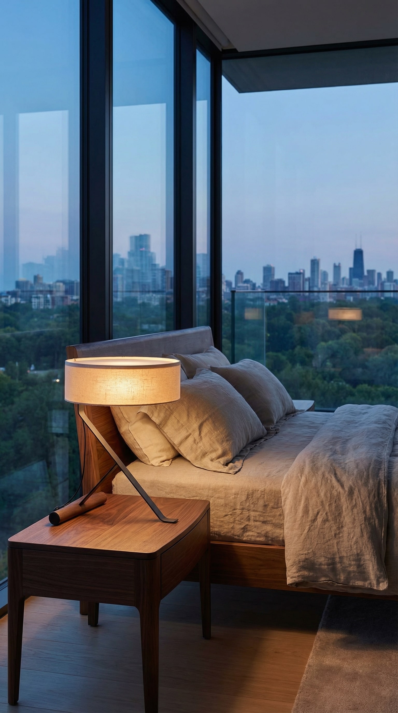 Lampada Punt Chicago su un elegante comodino accanto a un letto accogliente.