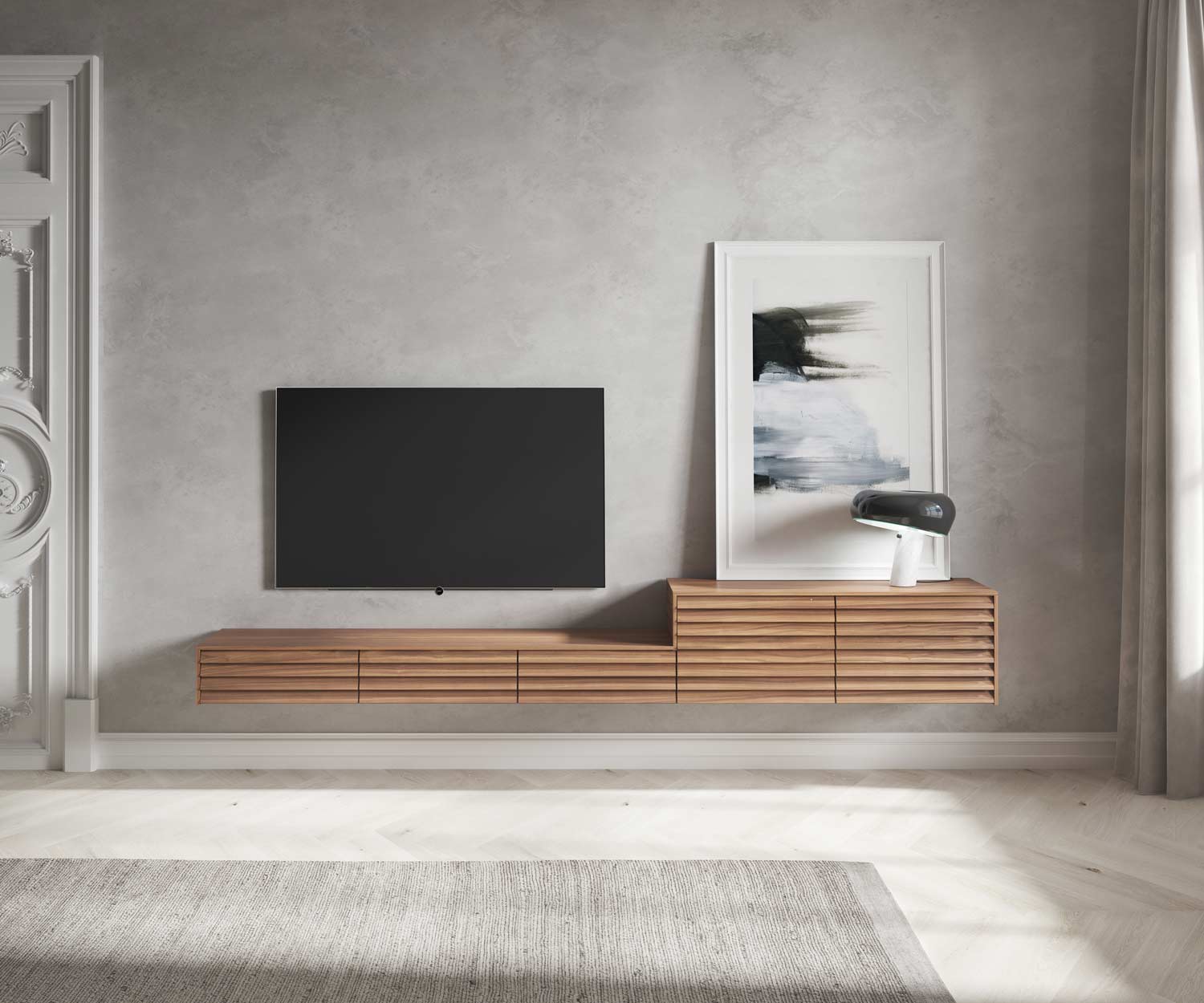Punt Configuratore di Sussex Design: lavagna di design sospesa a parete con TV