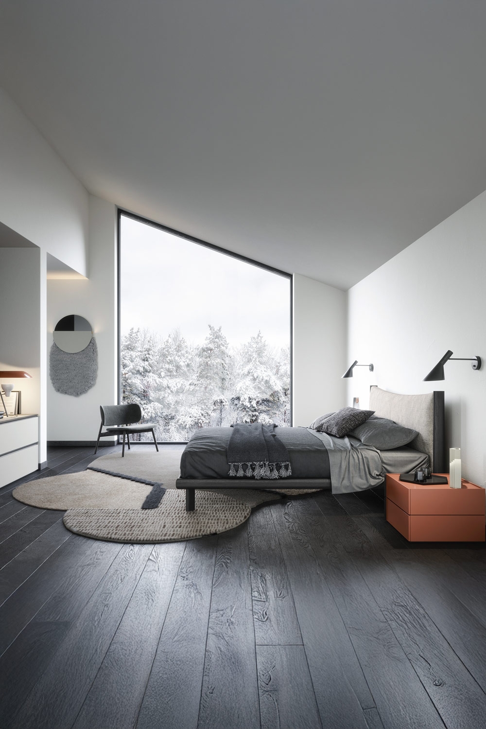 camera da letto accogliente in stile Japandi di tendenza