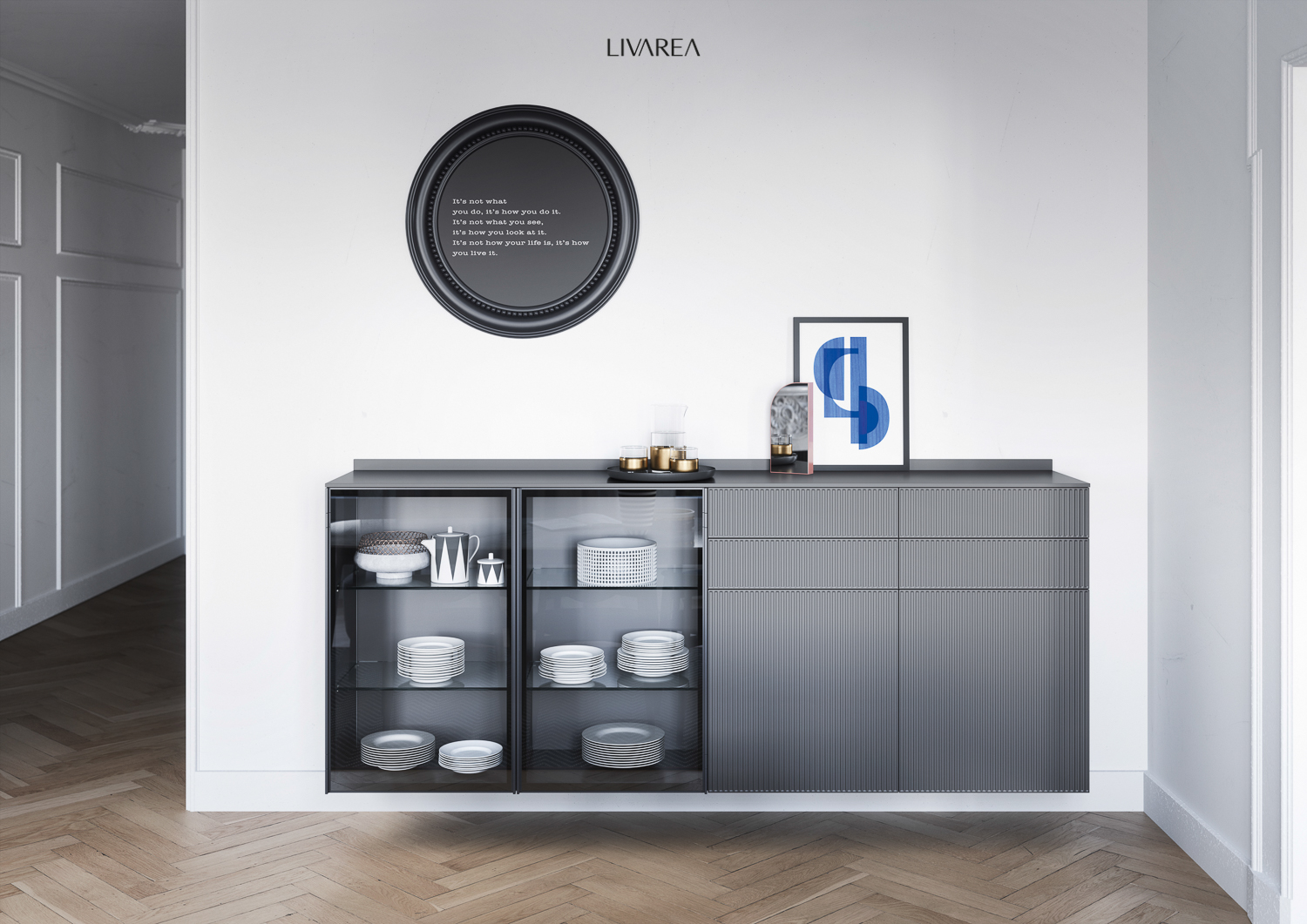 Esclusiva vetrina con ante in vetro e cassetti fluttuanti a parete Esclusiva vetrina con ante in vetro e cassetti fluttuanti a parete