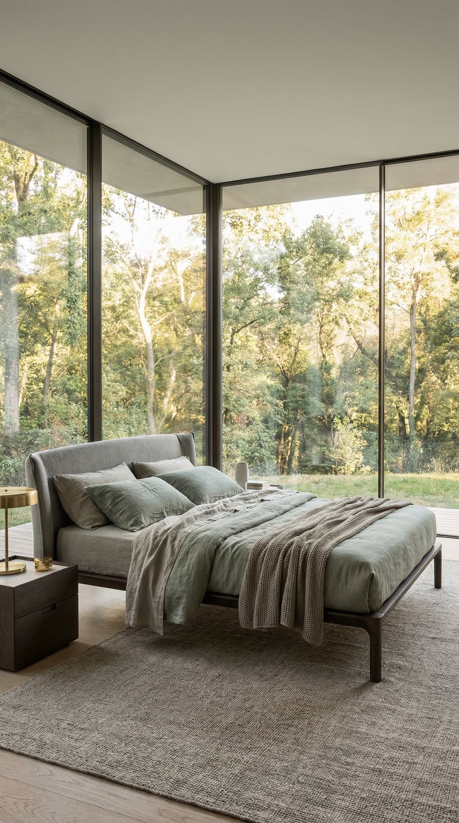 Natürliches Schlafzimmer mit ungebügeltem Leinenbettbezug in Erdtönen Camera da letto naturale con copripiumino in lino non stirato nei toni della terra