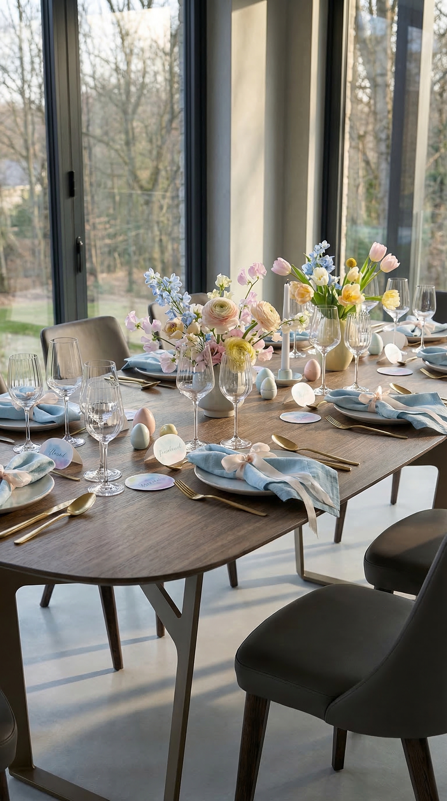Un tavolo da pranzo elegantemente apparecchiato per una cena di primavera con amici, blu ghiaccio e posate dorate.