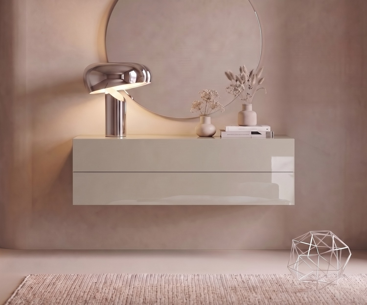 Cassettiera sospesa Novamobili Easy beige lucido Cassettiera sospesa Easy di Novamobili. Consolle da ingresso moderna beige lucida con cassetti, specchio e lampada.