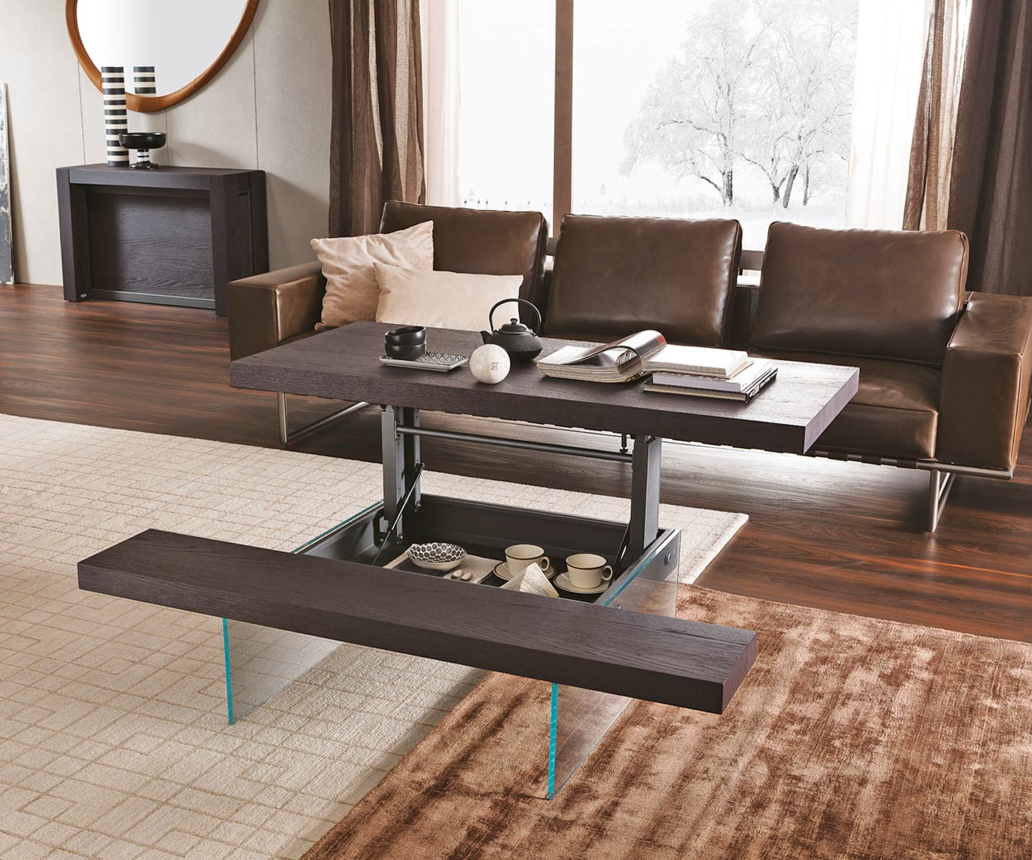 tavolino di design in rovere marrone con base in vetro e altezza regolabileAL2