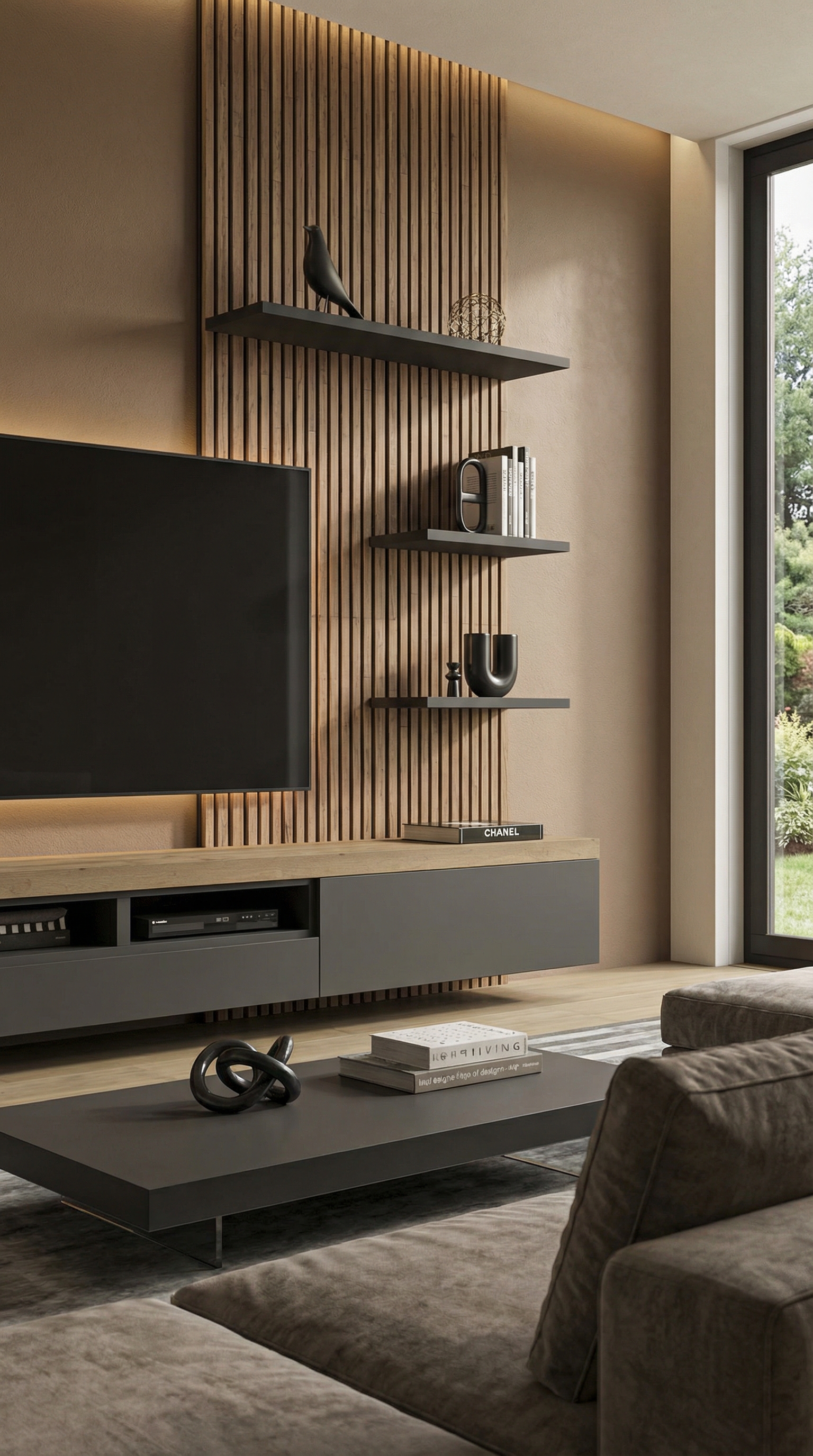 Parete attrezzata con lamelle in legno davanti a parete color Macchiato Tendenza 2026 Parete attrezzata con lamelle in legno davanti a parete color Macchiato Tendenza 2026