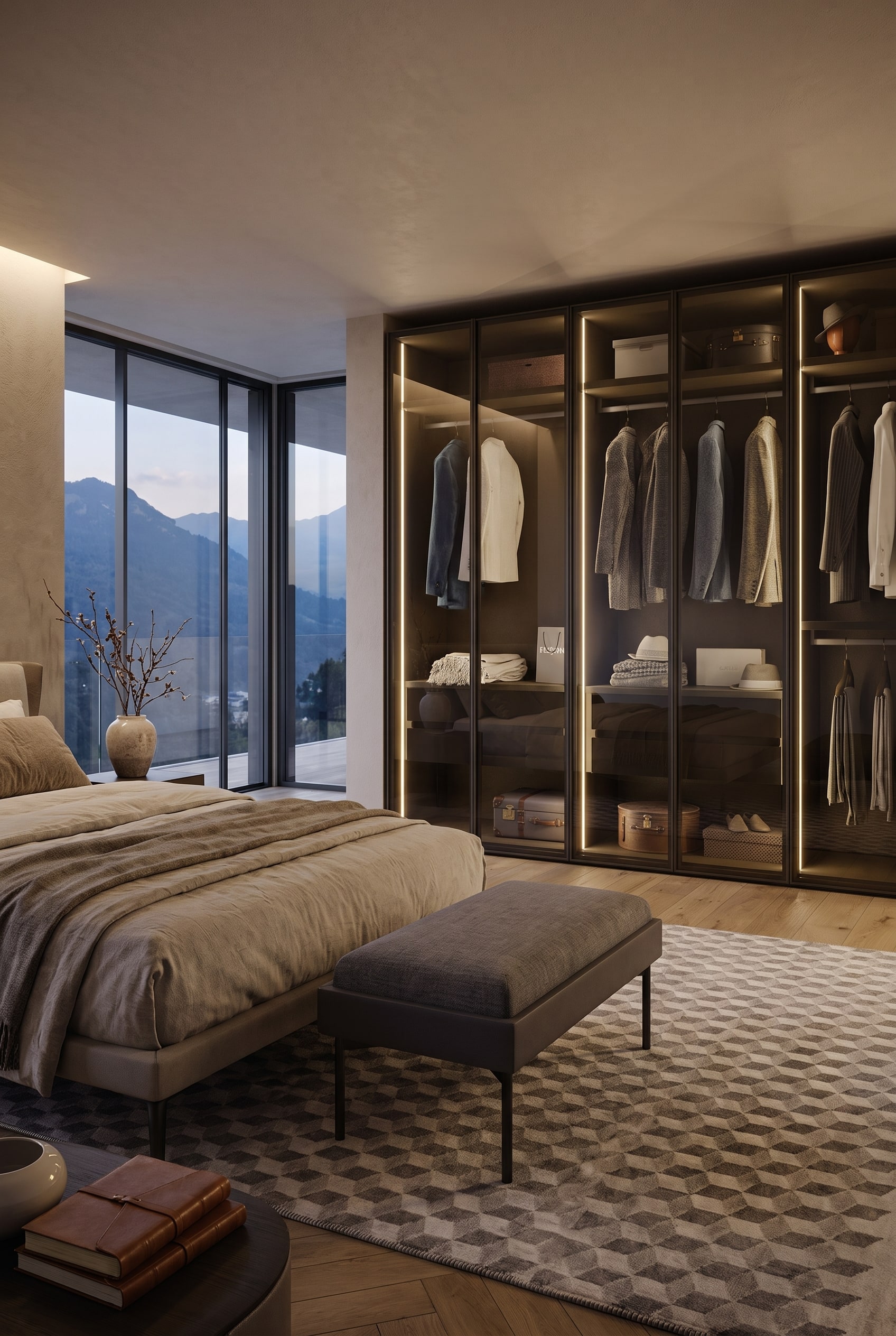 Modernes Schlafzimmer mit Glas-Kleiderschrank